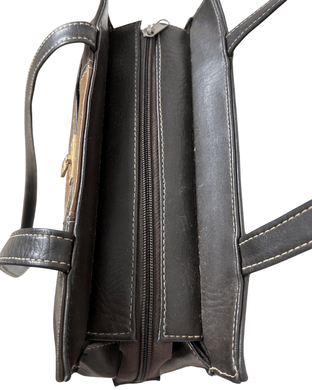 Vintage 1980s Belle Paris Brown Two - Tone Handbag with Gold Lock Detail - Funkify