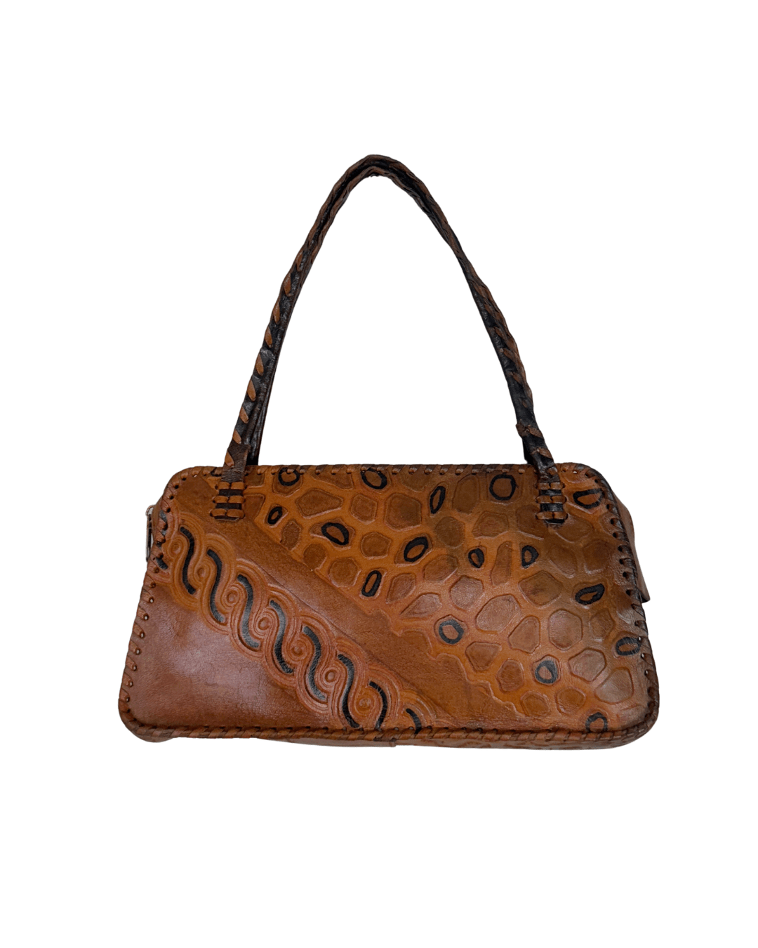Vintage 70s Whipstitch Embossed Brown Genuine Leather Handbag - Funkify