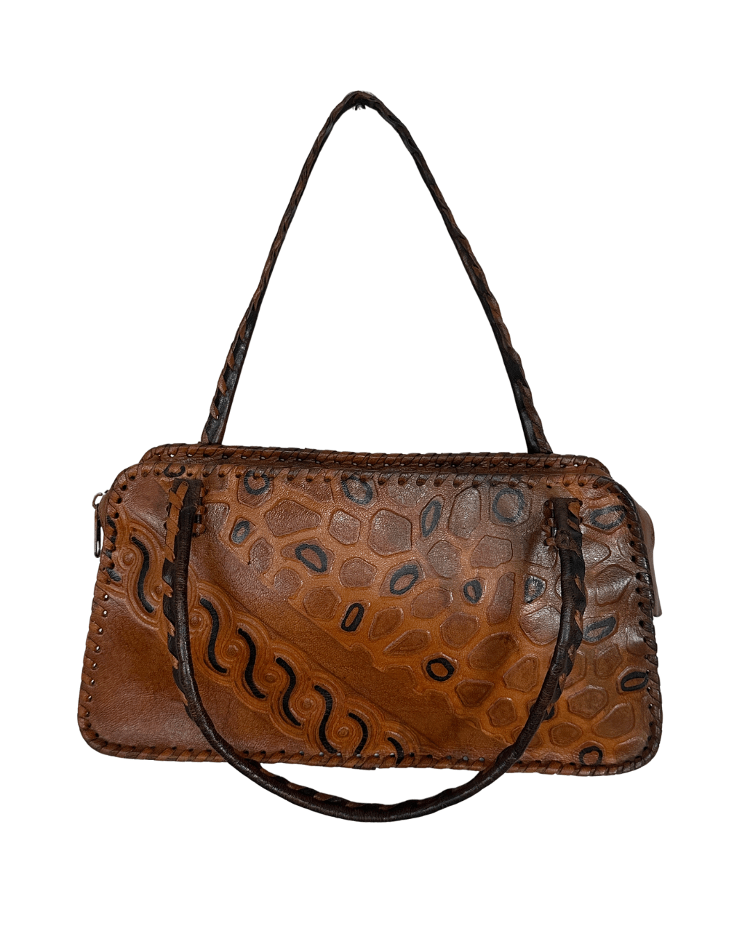 Vintage 70s Whipstitch Embossed Brown Genuine Leather Handbag - Funkify