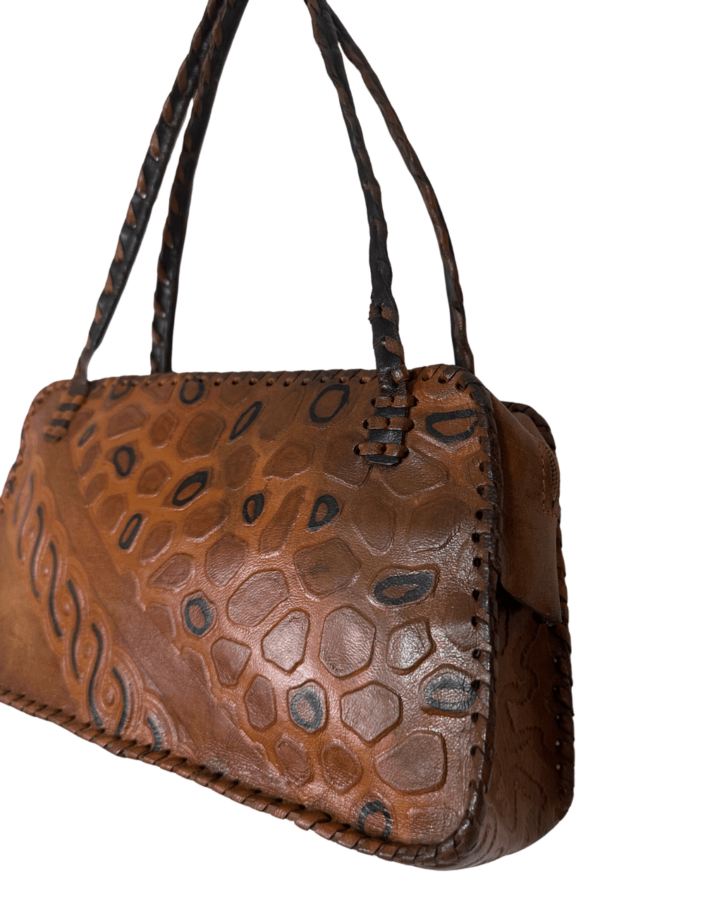 Vintage 70s Whipstitch Embossed Brown Genuine Leather Handbag - Funkify