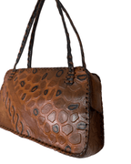 Vintage 70s Whipstitch Embossed Brown Genuine Leather Handbag - Funkify