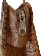 Vintage 70s Whipstitch Embossed Brown Genuine Leather Handbag - Funkify