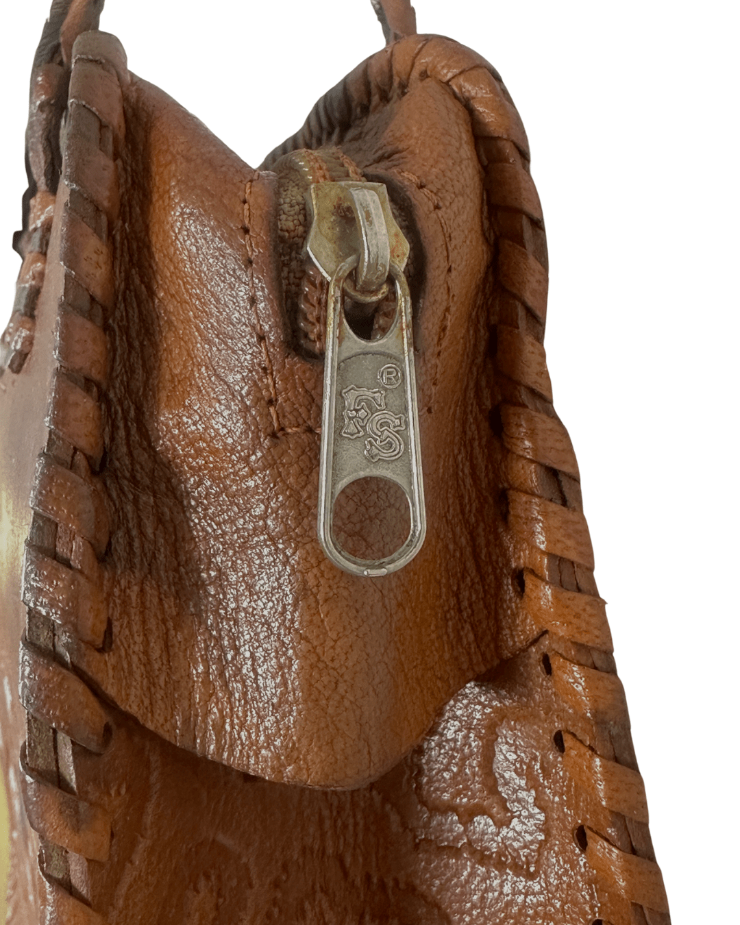 Vintage 70s Whipstitch Embossed Brown Genuine Leather Handbag - Funkify
