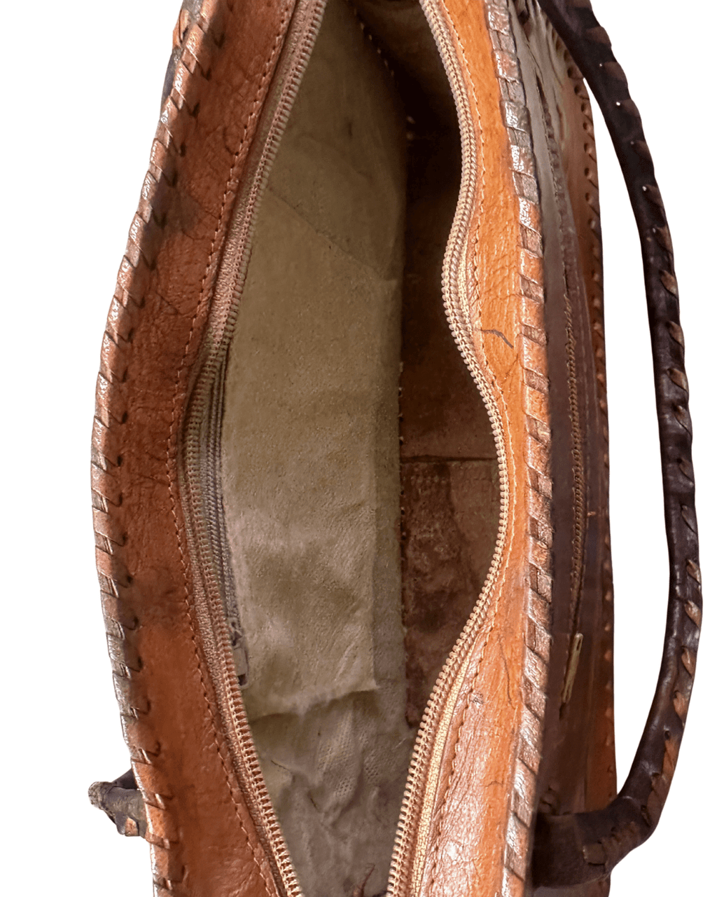 Vintage 70s Whipstitch Embossed Brown Genuine Leather Handbag - Funkify