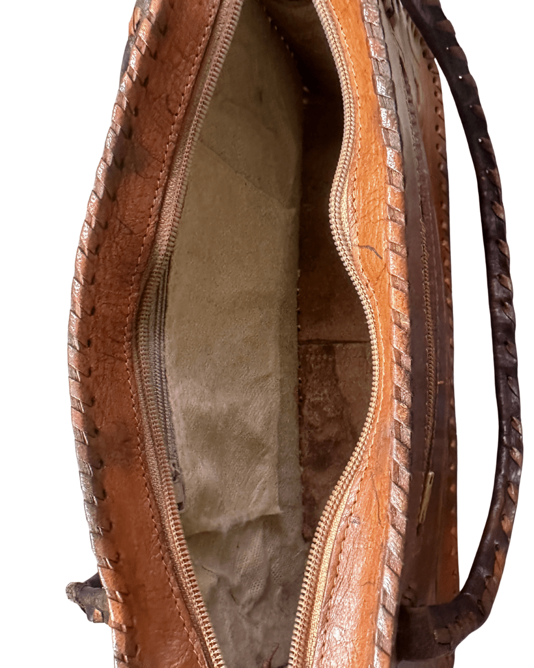 Vintage 70s Whipstitch Embossed Brown Genuine Leather Handbag - Funkify