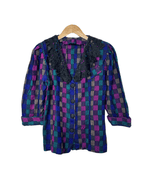 Vintage 80s Blouse with Black Lace Collar XL - Funkify
