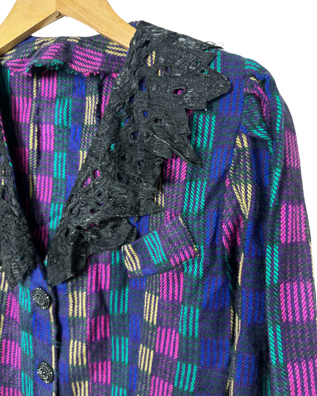Vintage 80s Blouse with Black Lace Collar XL - Funkify