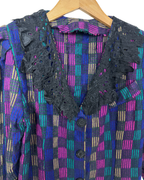 Vintage 80s Blouse with Black Lace Collar XL - Funkify