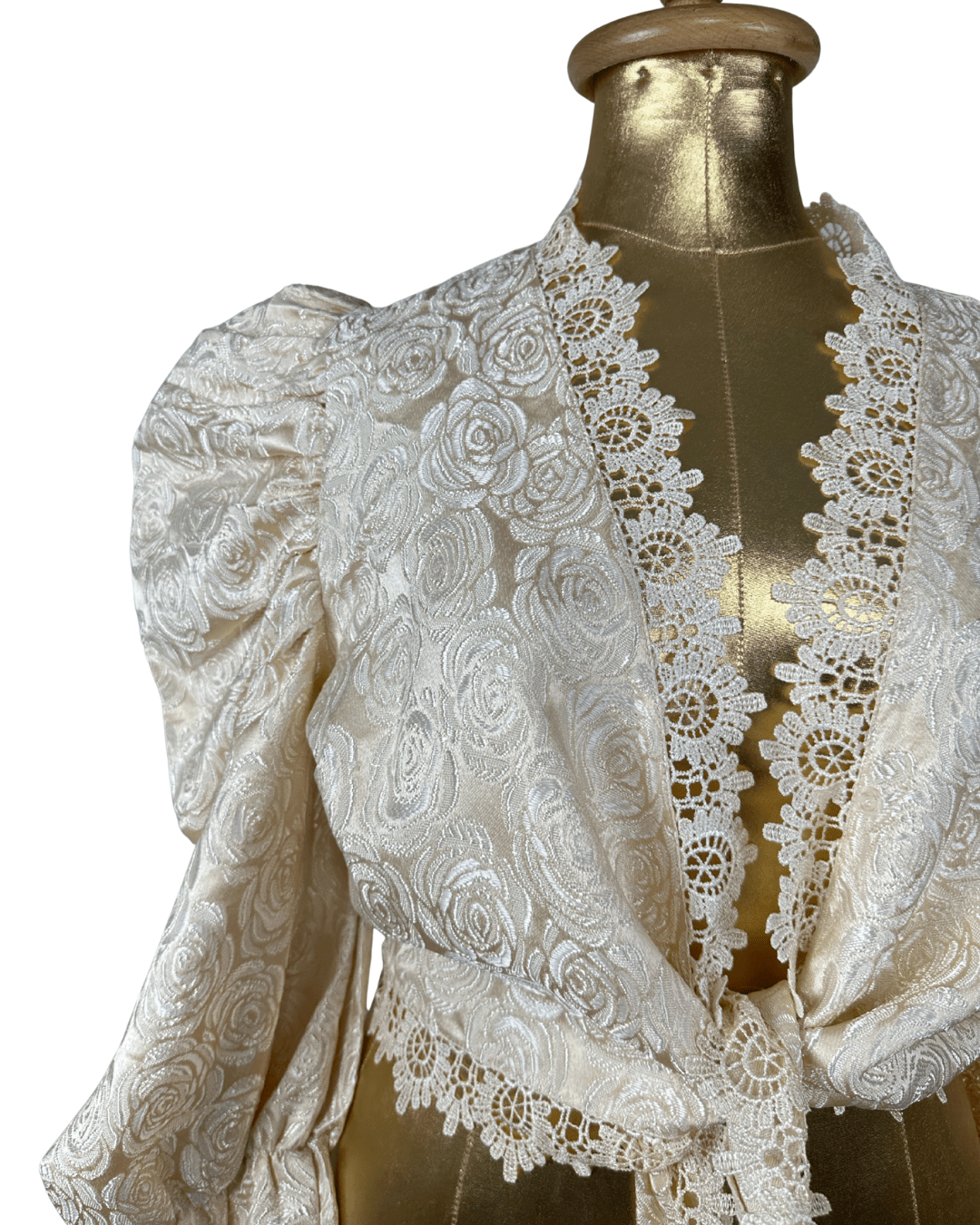 Vintage 80s Cream Brocade Puff - Sleeve Lace Front Tie Blouse - Funkify