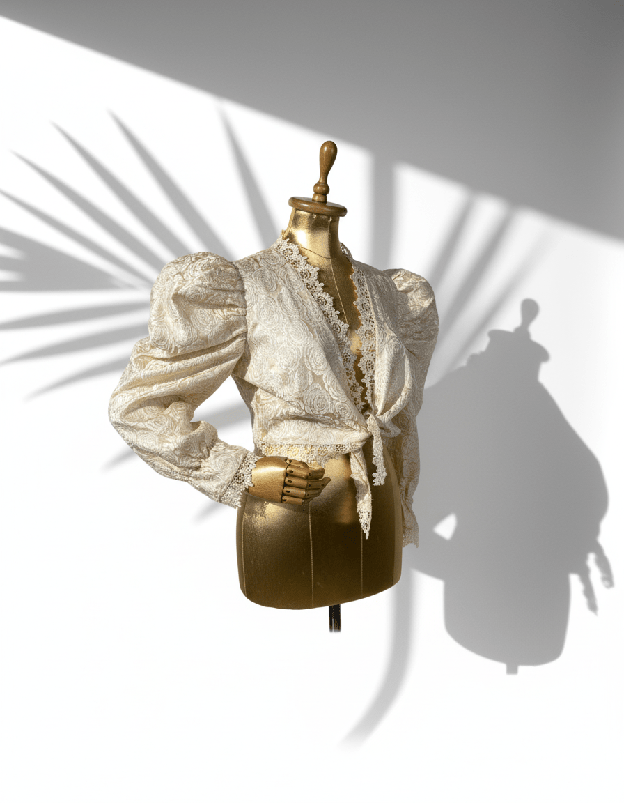 Vintage 80s Cream Brocade Puff - Sleeve Lace Front Tie Blouse - Funkify