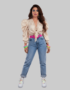 Vintage 80s Cream Brocade Puff - Sleeve Lace Front Tie Blouse - Funkify