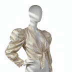 Vintage 80s Cream Brocade Puff - Sleeve Lace Front Tie Blouse - Funkify