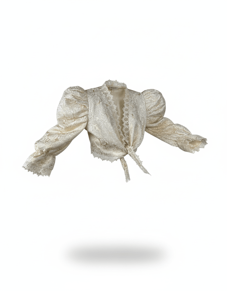 Vintage 80s Cream Brocade Puff - Sleeve Lace Front Tie Blouse - Funkify