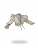 Vintage 80s Cream Brocade Puff - Sleeve Lace Front Tie Blouse - Funkify