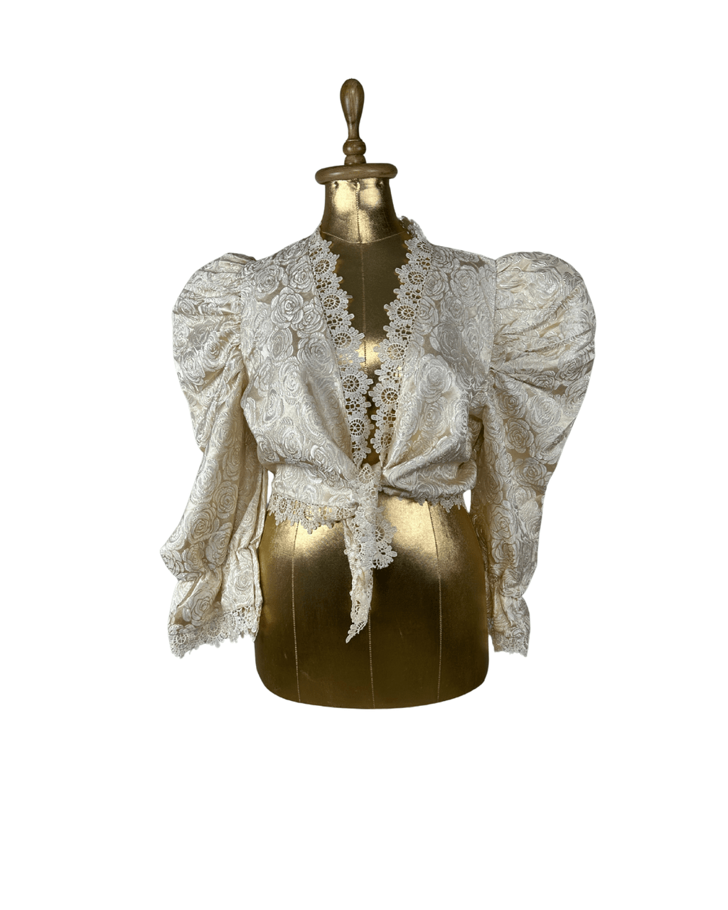 Vintage 80s Cream Brocade Puff - Sleeve Lace Front Tie Blouse - Funkify