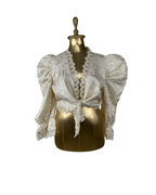 Vintage 80s Cream Brocade Puff - Sleeve Lace Front Tie Blouse - Funkify
