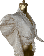Vintage 80s Cream Brocade Puff - Sleeve Lace Front Tie Blouse - Funkify
