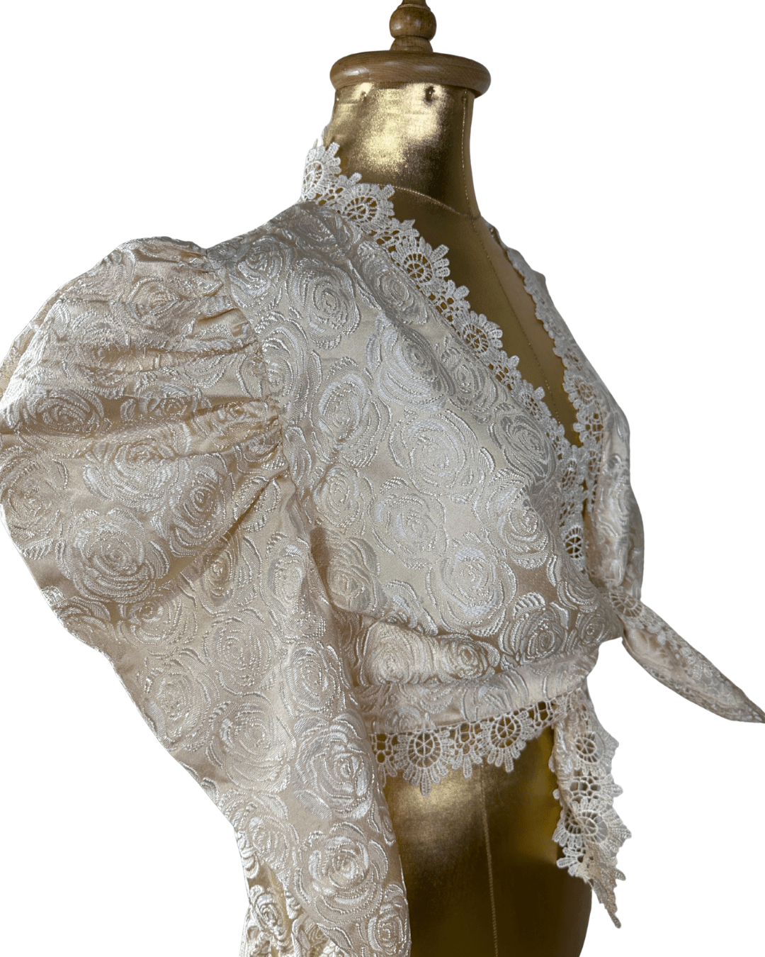 Vintage 80s Cream Brocade Puff - Sleeve Lace Front Tie Blouse - Funkify