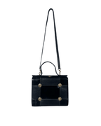 Vintage 80s Leather Structured Handbag with Gold Medallion Details - Funkify