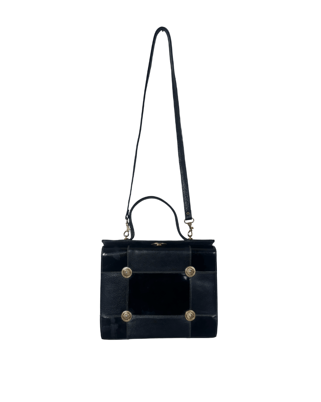 Vintage 80s Leather Structured Handbag with Gold Medallion Details - Funkify