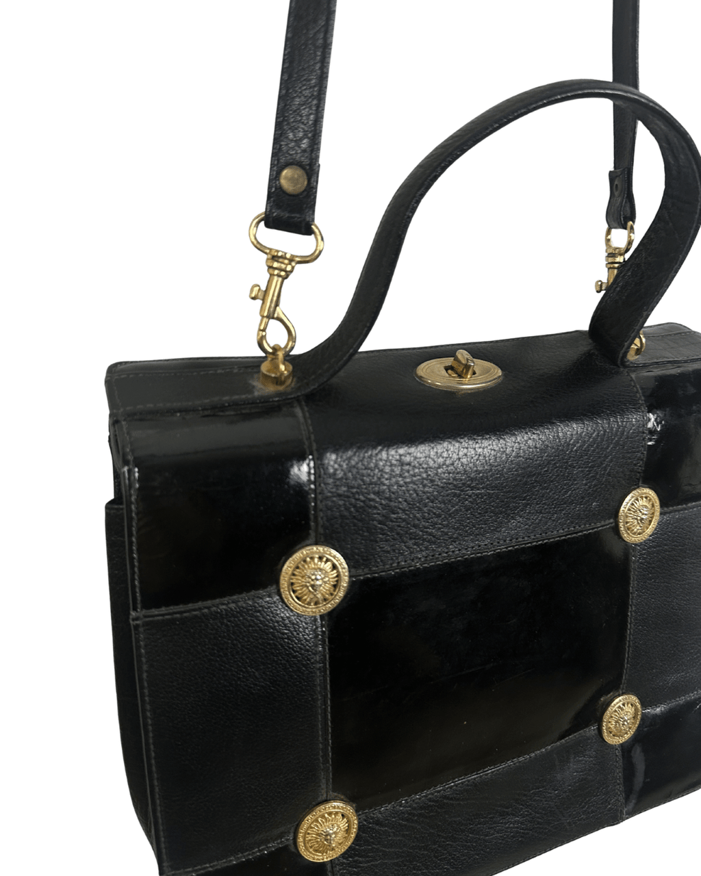 Vintage 80s Leather Structured Handbag with Gold Medallion Details - Funkify