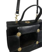 Vintage 80s Leather Structured Handbag with Gold Medallion Details - Funkify