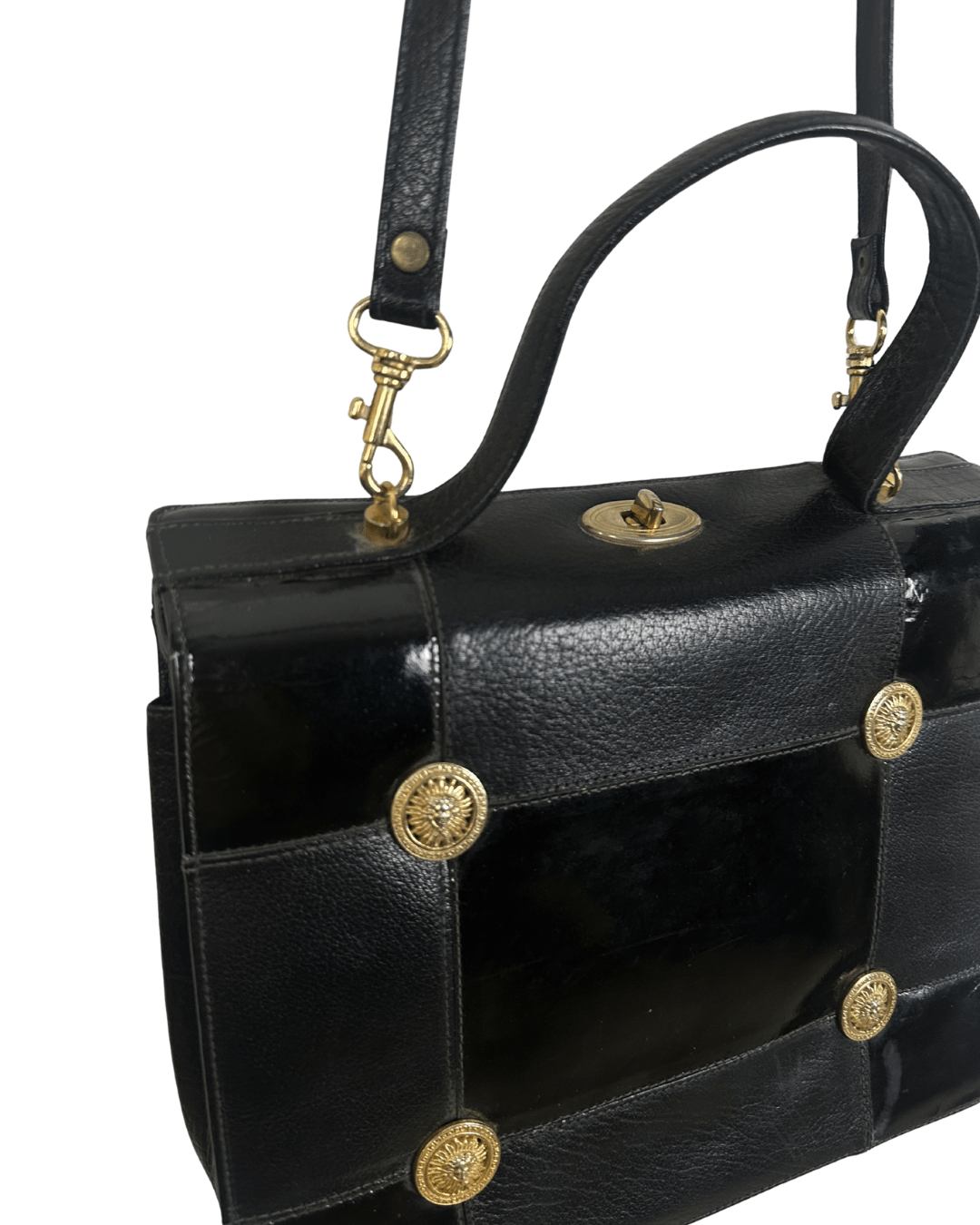 Vintage 80s Leather Structured Handbag with Gold Medallion Details - Funkify