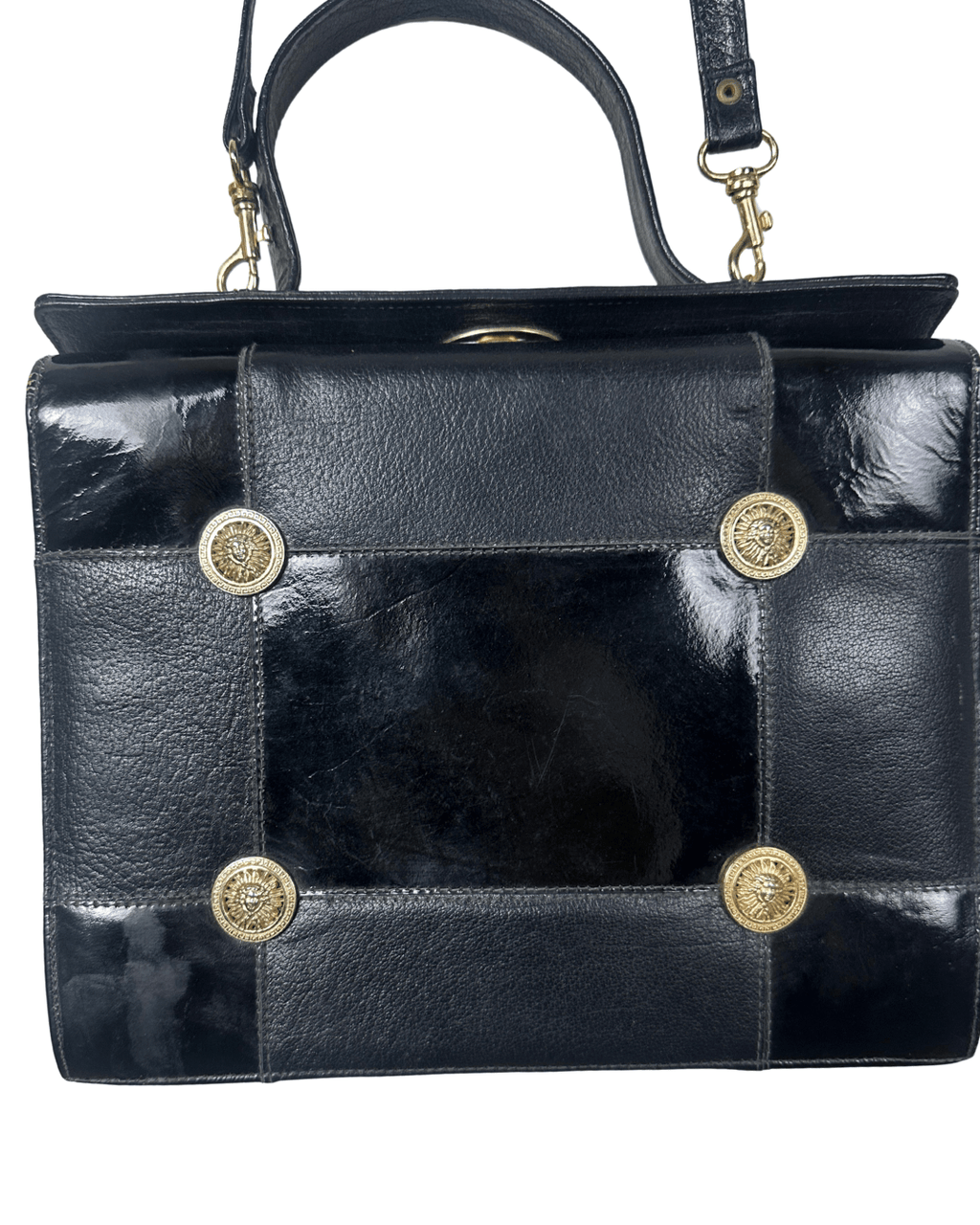 Vintage 80s Leather Structured Handbag with Gold Medallion Details - Funkify