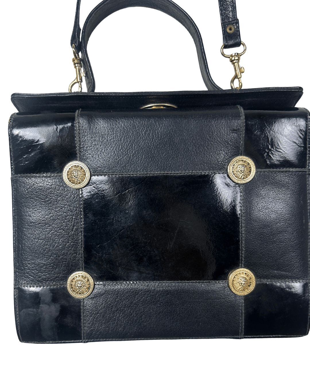 Vintage 80s Leather Structured Handbag with Gold Medallion Details - Funkify