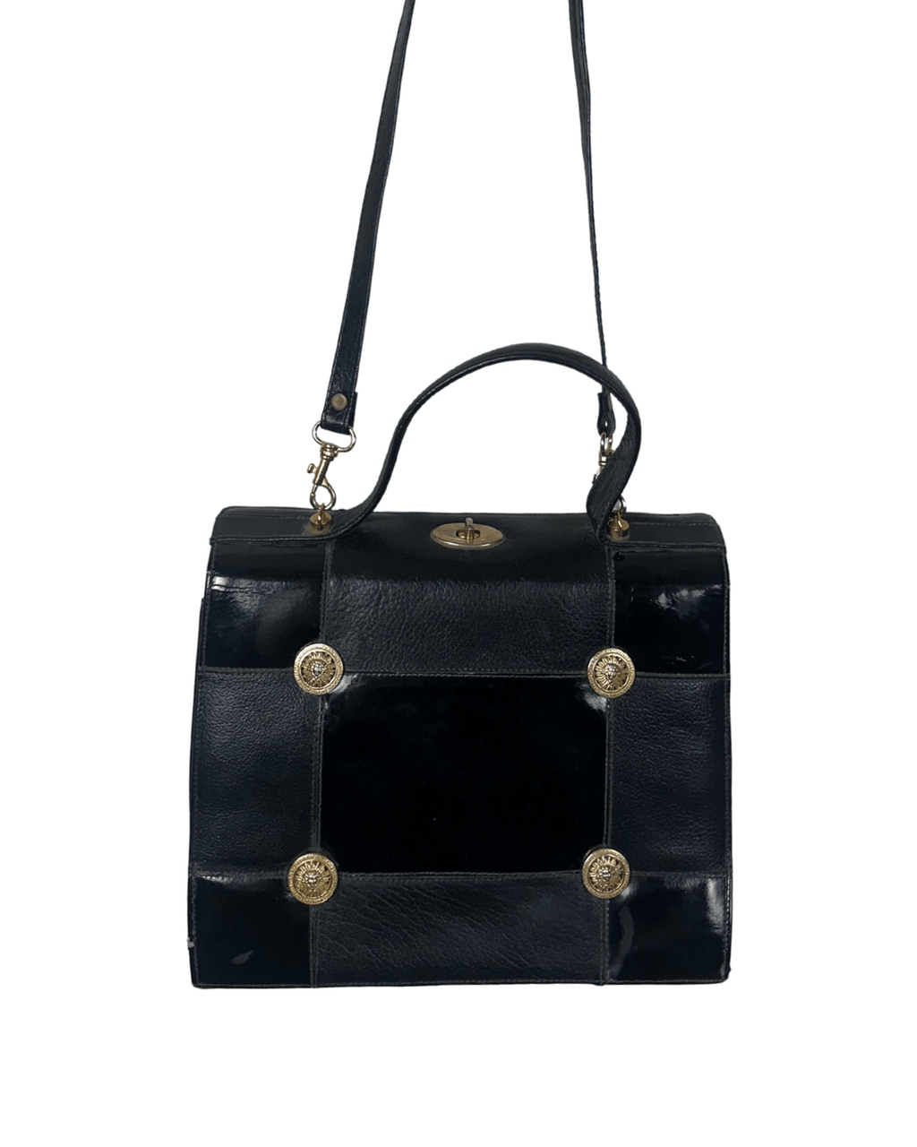 Vintage 80s Leather Structured Handbag with Gold Medallion Details - Funkify