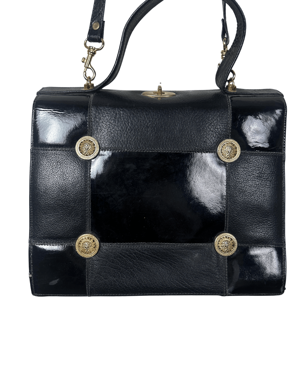 Vintage 80s Leather Structured Handbag with Gold Medallion Details - Funkify
