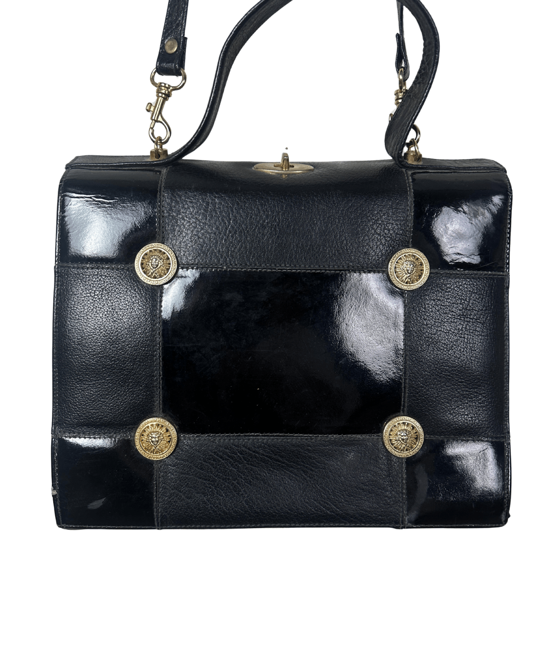 Vintage 80s Leather Structured Handbag with Gold Medallion Details - Funkify