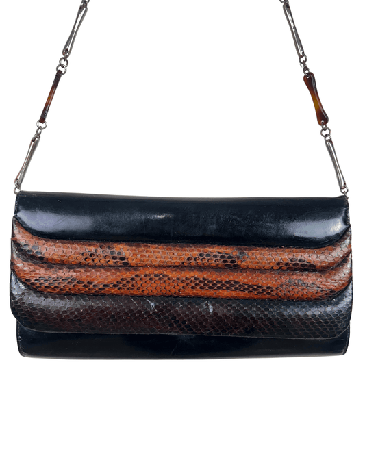 Vintage 90s Genuine Leather & Snakeskin Chain Shoulder Bag - Funkify