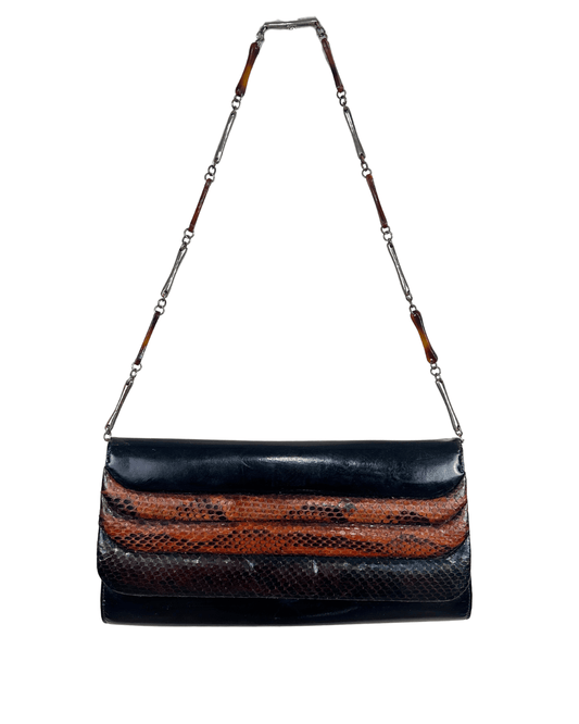 Vintage 90s Genuine Leather & Snakeskin Chain Shoulder Bag - Funkify