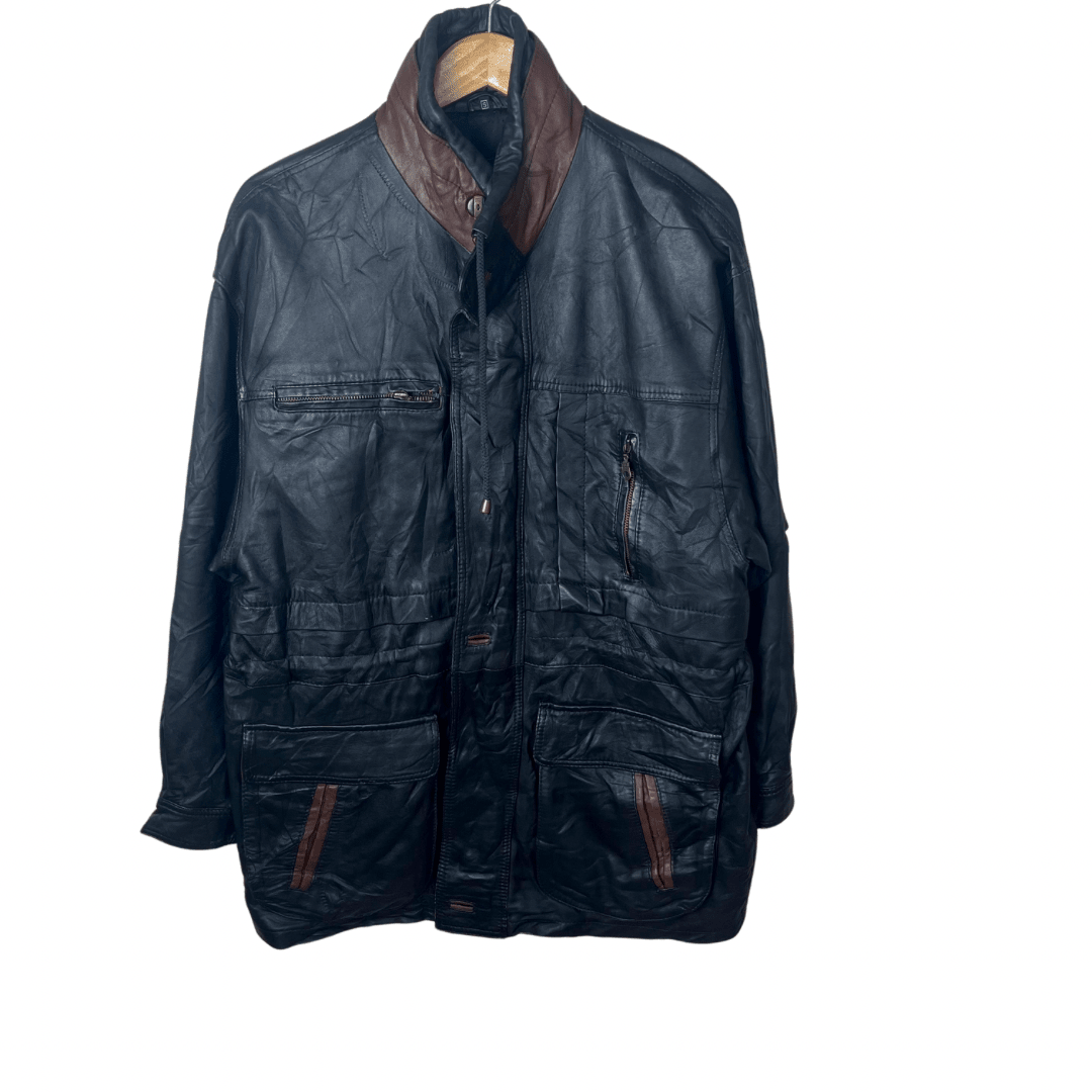 Vintage Black & Brown Genuine Leather Jacket Large - Funkify