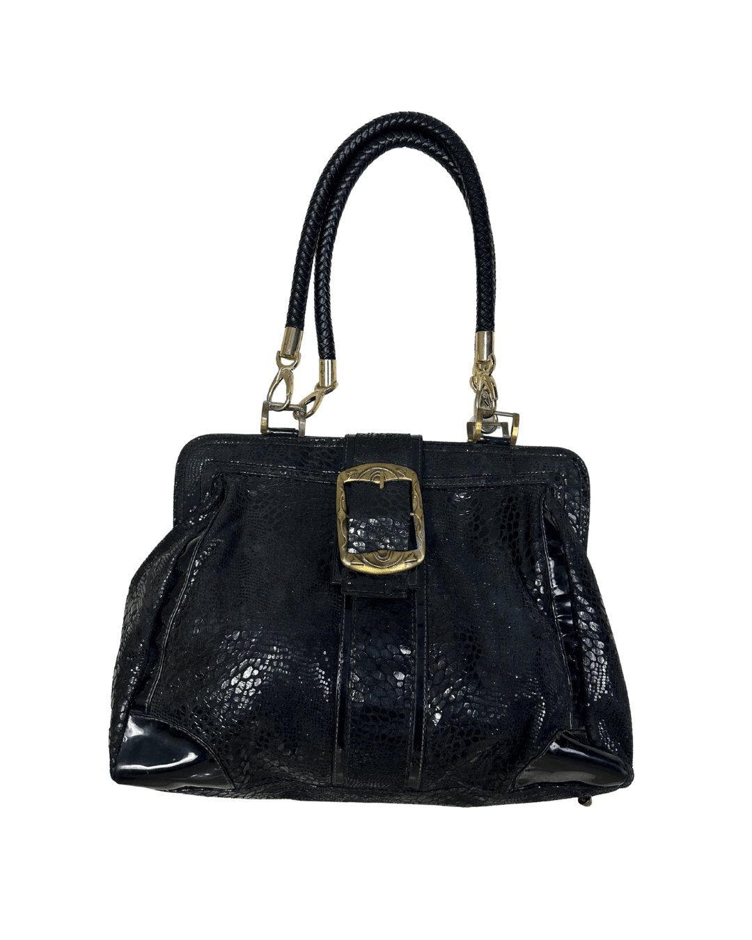 Vintage Black Faux Snakeskin Top - Handle Bag with Gold Buckle - Funkify