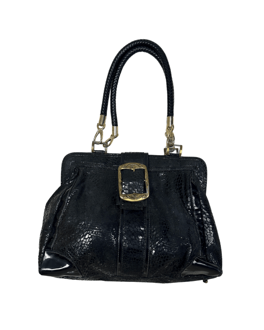 Vintage Black Faux Snakeskin Top - Handle Bag with Gold Buckle - Funkify