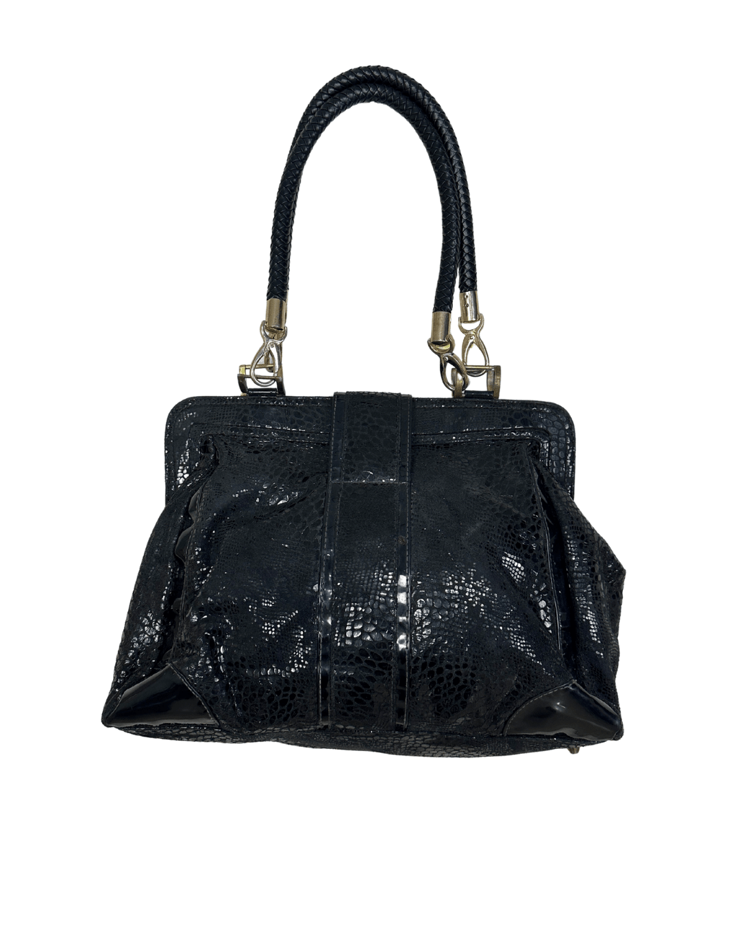 Vintage Black Faux Snakeskin Top - Handle Bag with Gold Buckle - Funkify