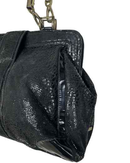 Vintage Black Faux Snakeskin Top - Handle Bag with Gold Buckle - Funkify