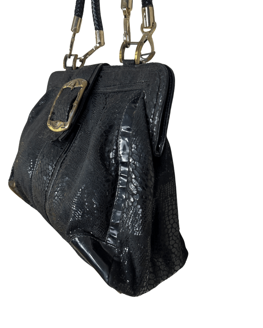 Vintage Black Faux Snakeskin Top - Handle Bag with Gold Buckle - Funkify