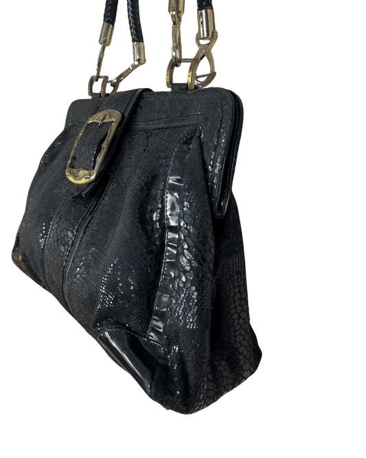 Vintage Black Faux Snakeskin Top - Handle Bag with Gold Buckle - Funkify