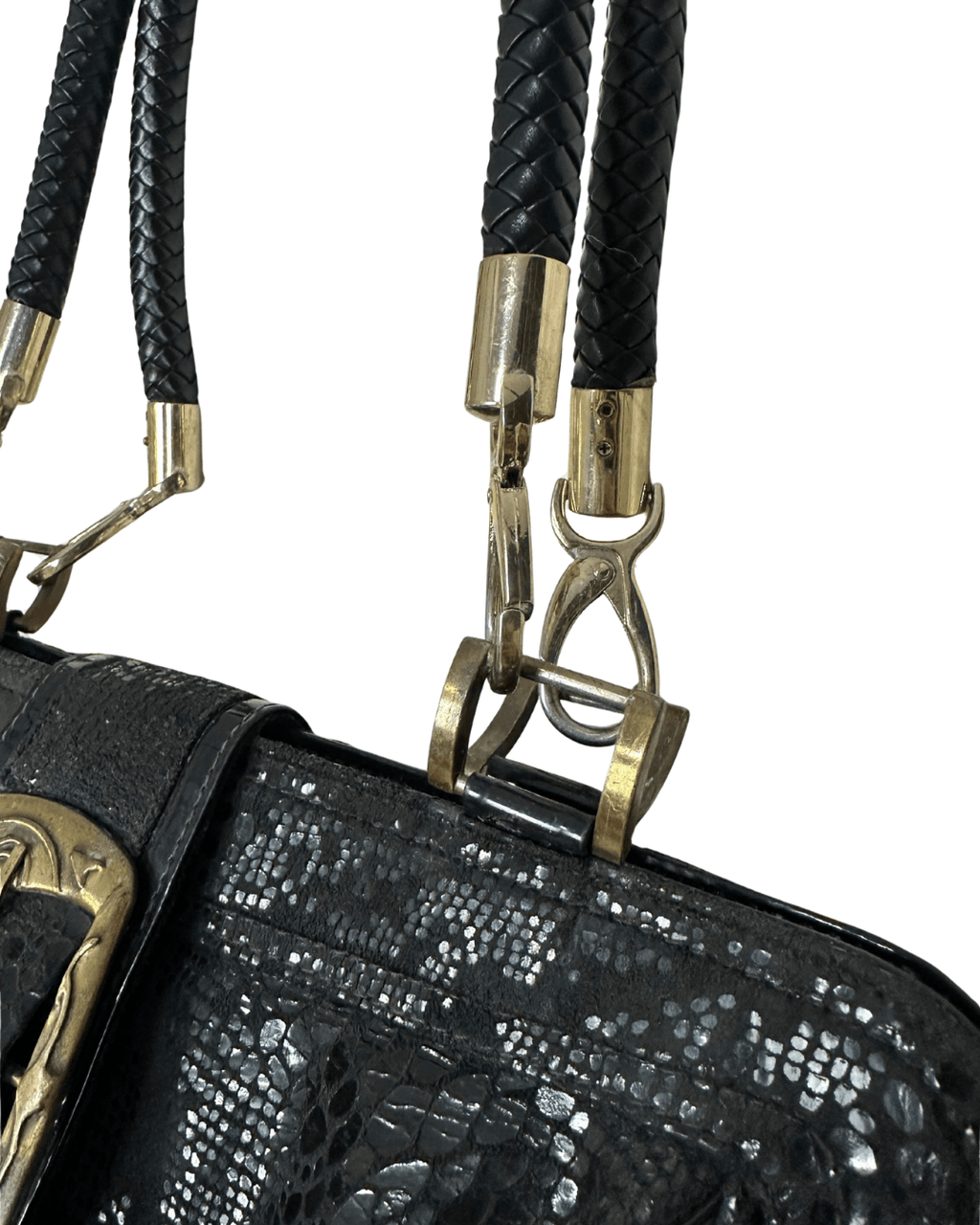 Vintage Black Faux Snakeskin Top - Handle Bag with Gold Buckle - Funkify