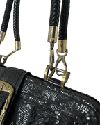 Vintage Black Faux Snakeskin Top - Handle Bag with Gold Buckle - Funkify