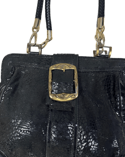 Vintage Black Faux Snakeskin Top - Handle Bag with Gold Buckle - Funkify