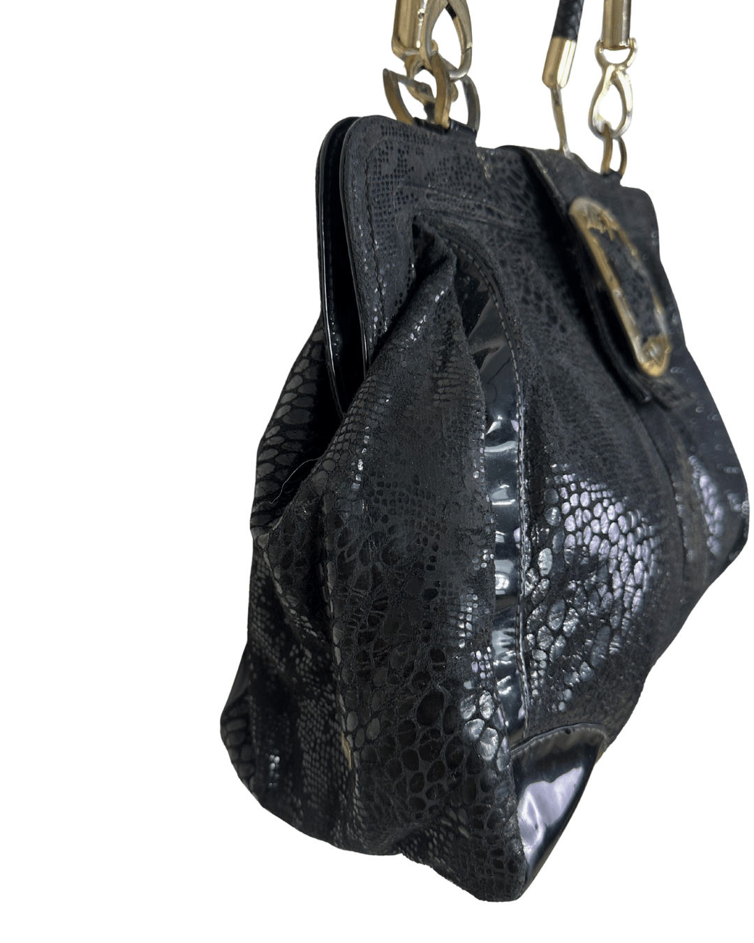 Vintage Black Faux Snakeskin Top - Handle Bag with Gold Buckle - Funkify