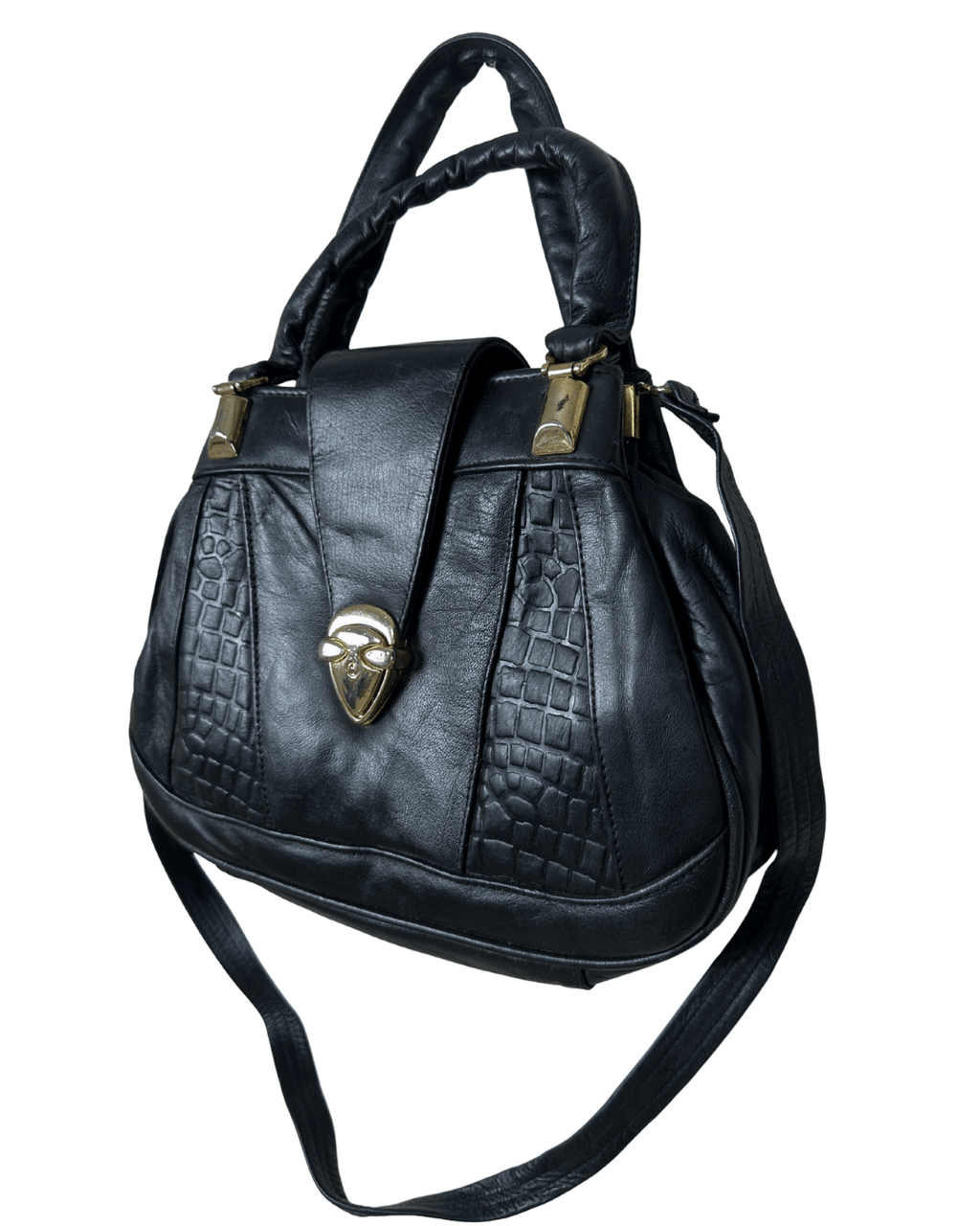 Vintage Black Genuine Leather Handbag with Croc Panels & Gold Lock - Funkify