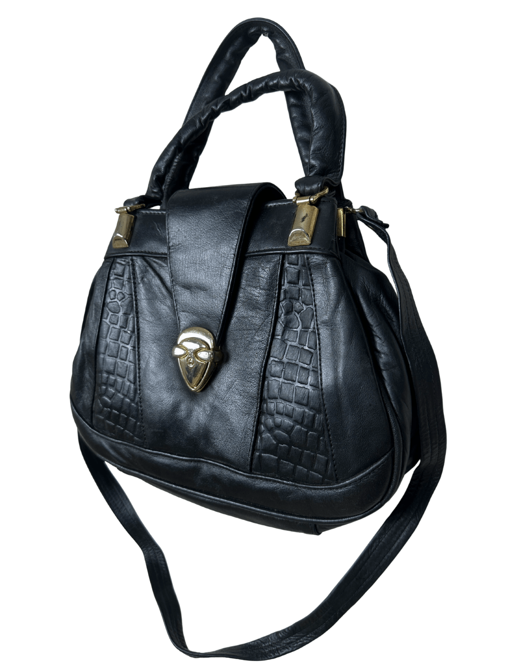 Vintage Black Genuine Leather Handbag with Croc Panels & Gold Lock - Funkify