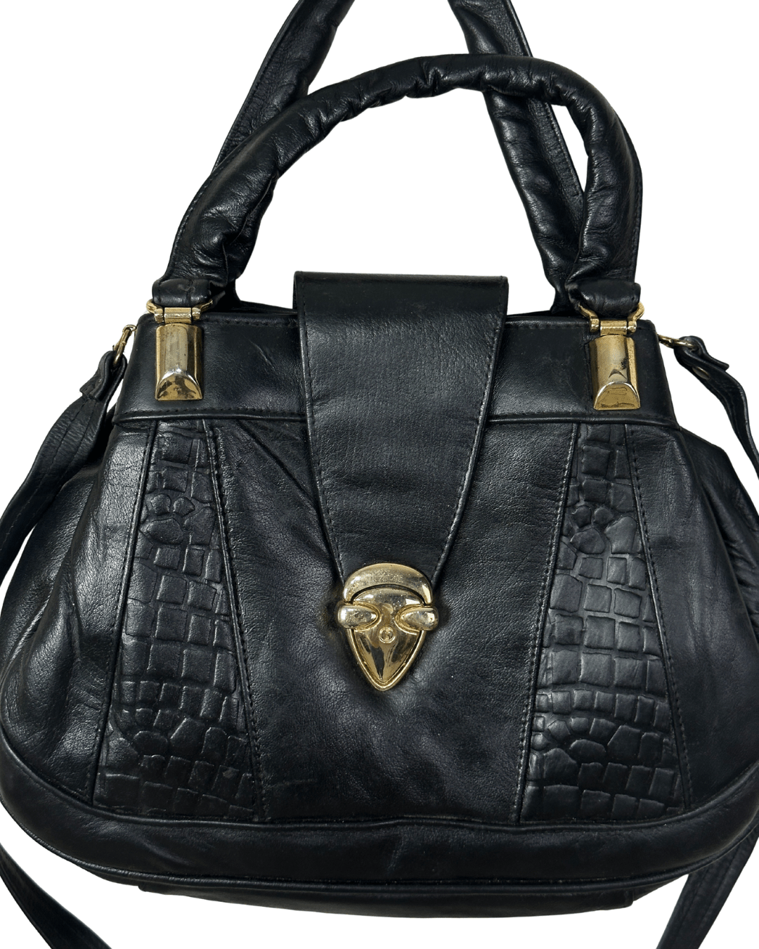 Vintage Black Genuine Leather Handbag with Croc Panels & Gold Lock - Funkify