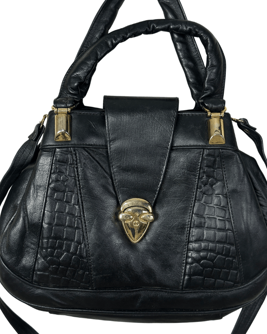 Vintage Black Genuine Leather Handbag with Croc Panels & Gold Lock - Funkify