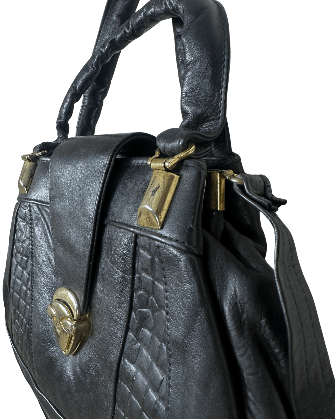 Vintage Black Genuine Leather Handbag with Croc Panels & Gold Lock - Funkify